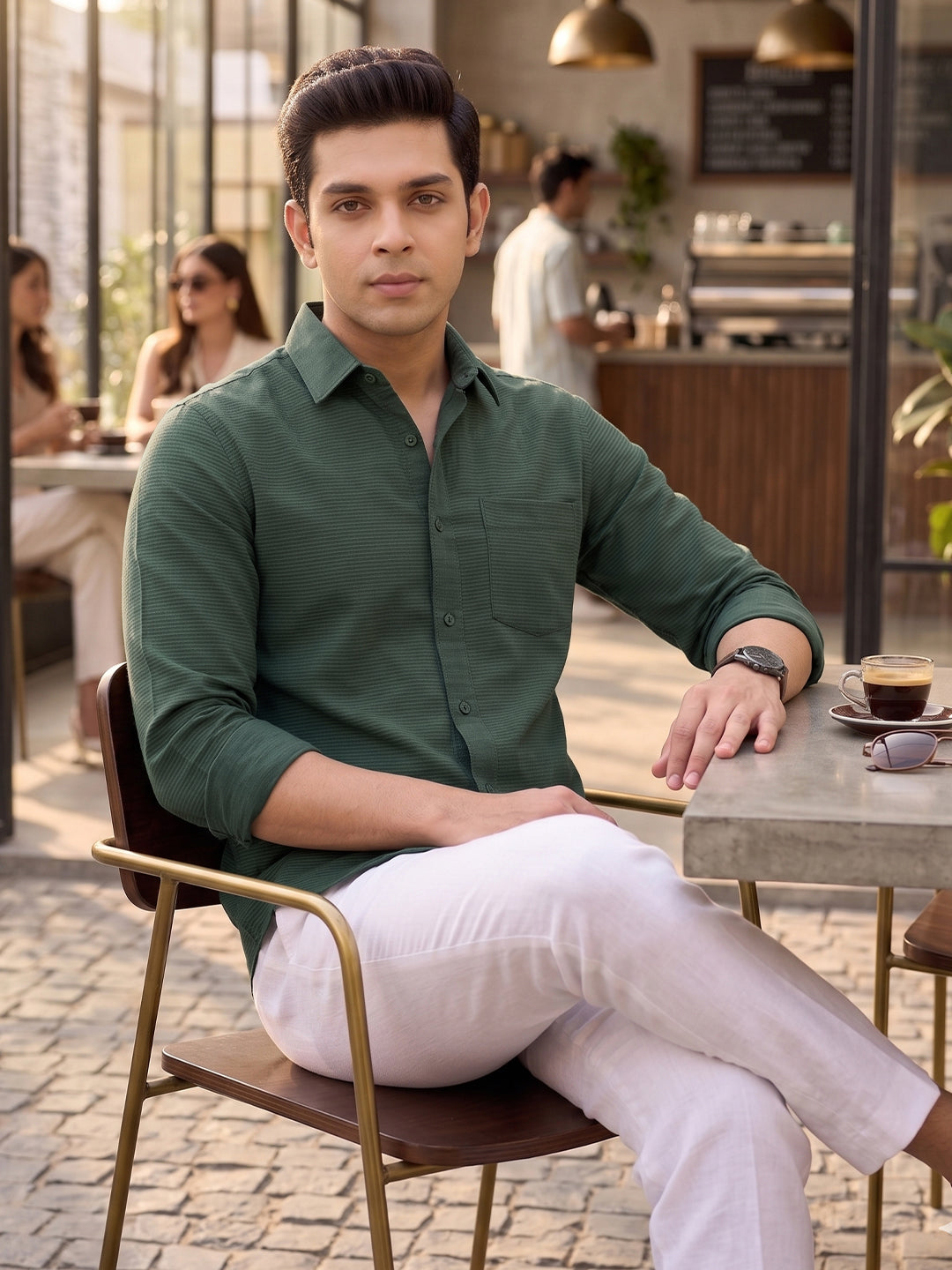 VORA LABEL Men Cotton Solid Regular Fit Casual Shirt - Green
