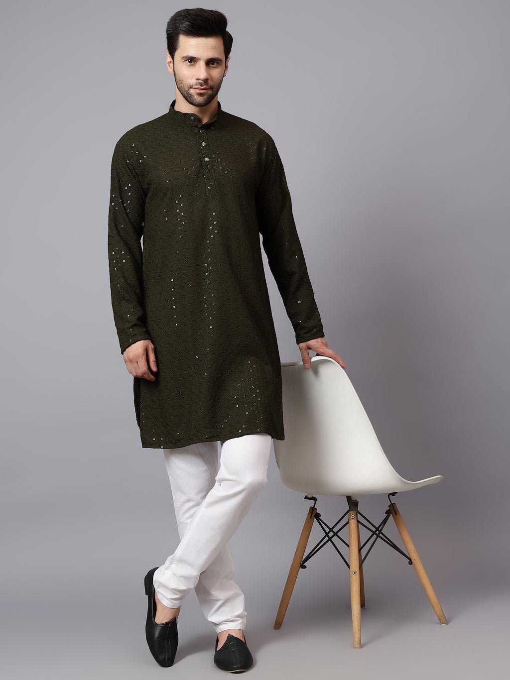VORA LABEL Men Rayon Schiffli Chikankari Embroidered Long Kurta Set - Red
