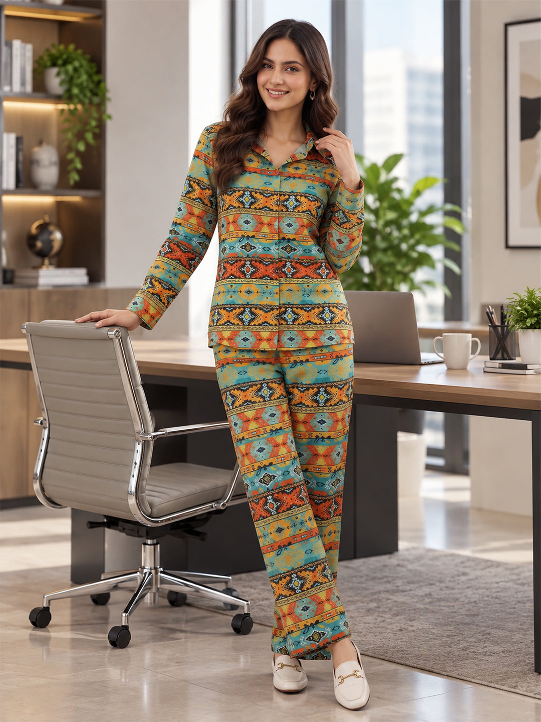 VORA LABEL Women's Two Piece Set, Baby Green, Shirts with Wide Leg Trousers, Full Sleeve Main image