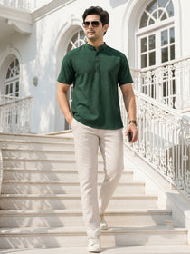 VORA LABEL Men’s Cotton Blend Mandarin Collar Half Kurta | Short Sleeve Solid Casual Wear