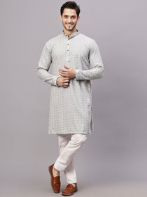 VORA LABEL Men Rayon Schiffli Chikankari Floral Printed Long Kurta Set - Pista