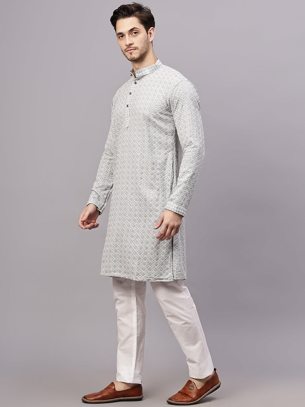VORA LABEL Men Rayon Schiffli Chikankari Floral Printed Long Kurta Set - Pista