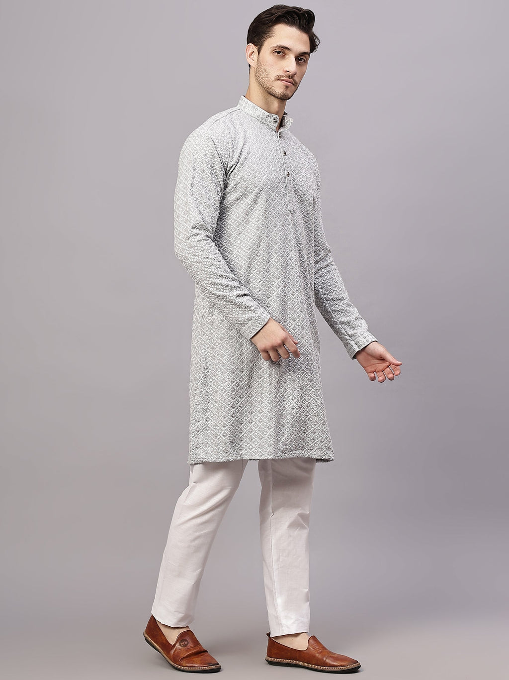 VORA LABEL Men Rayon Schiffli Chikankari Floral Printed Long Kurta Set - Pista