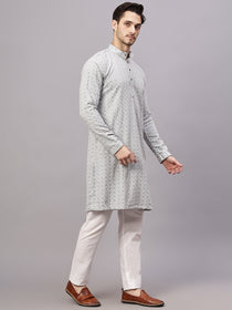 VORA LABEL Men Rayon Schiffli Chikankari Floral Printed Long Kurta Set - Pista