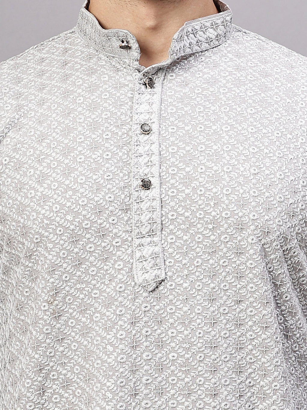 VORA LABEL Men Rayon Schiffli Chikankari Floral Printed Long Kurta Set - Pista