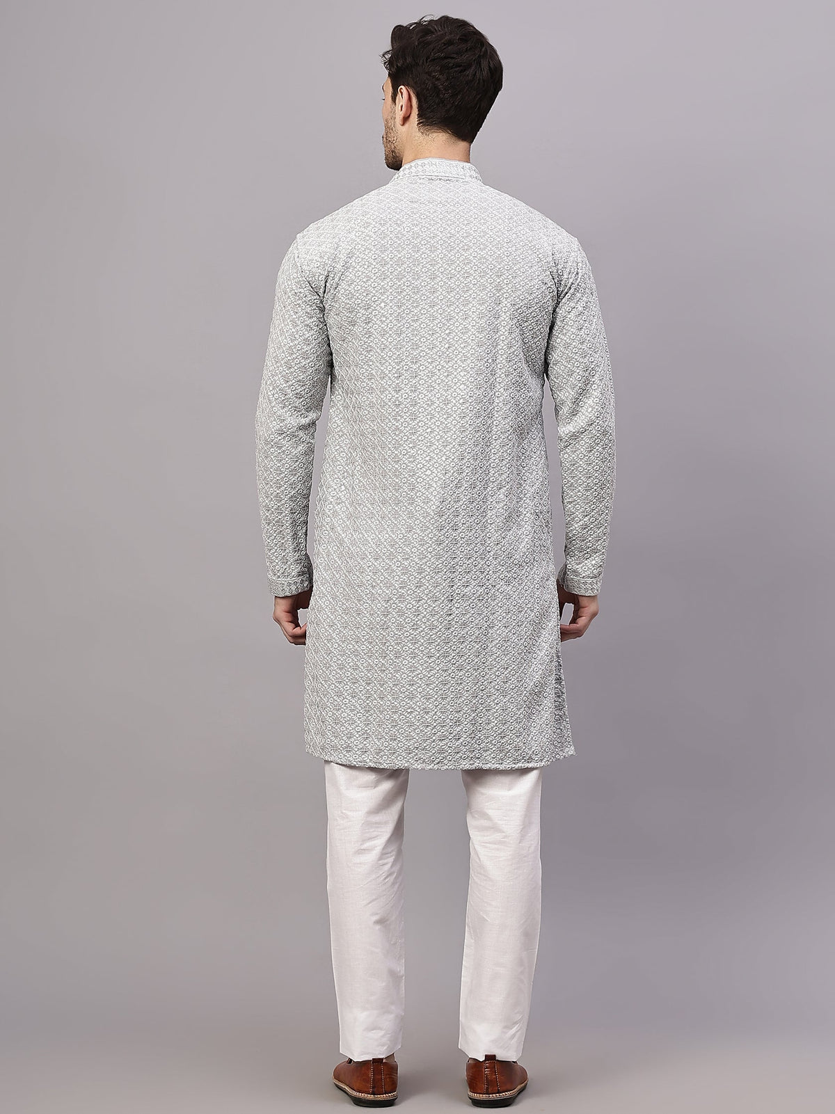 VORA LABEL Men Rayon Schiffli Chikankari Floral Printed Long Kurta Set - Pista