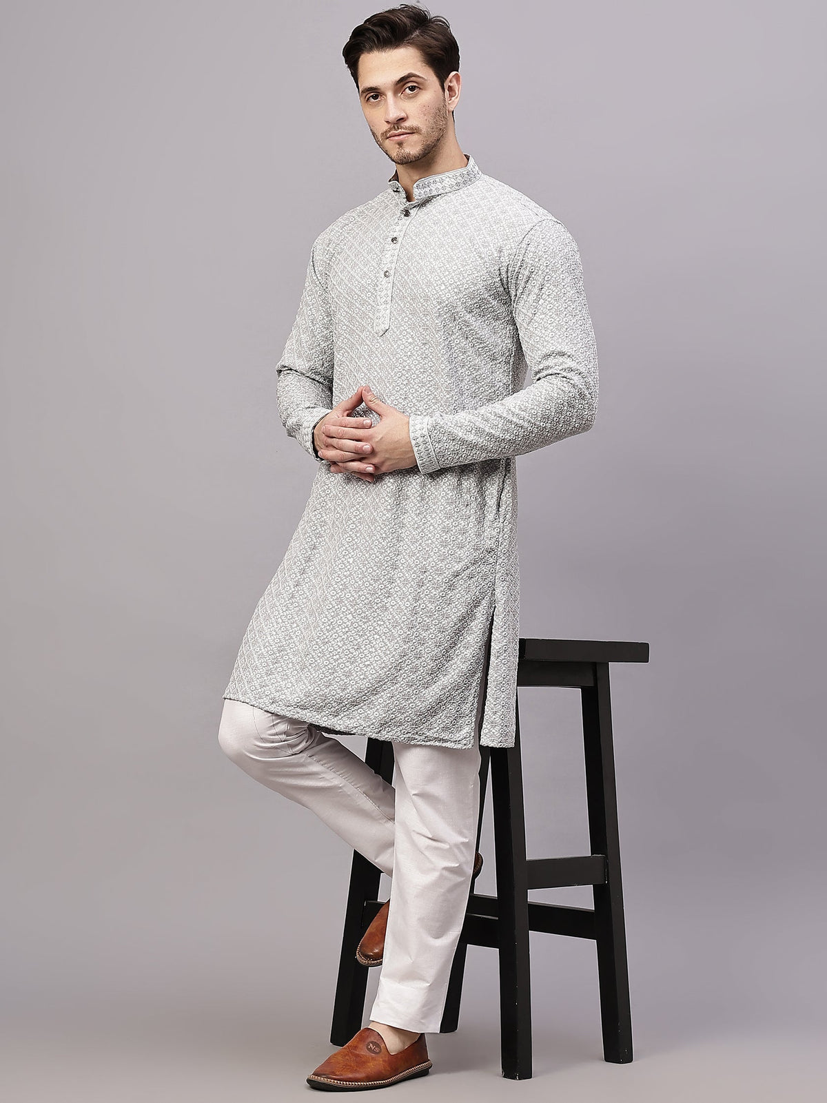 VORA LABEL Men Rayon Schiffli Chikankari Floral Printed Long Kurta Set - Pista