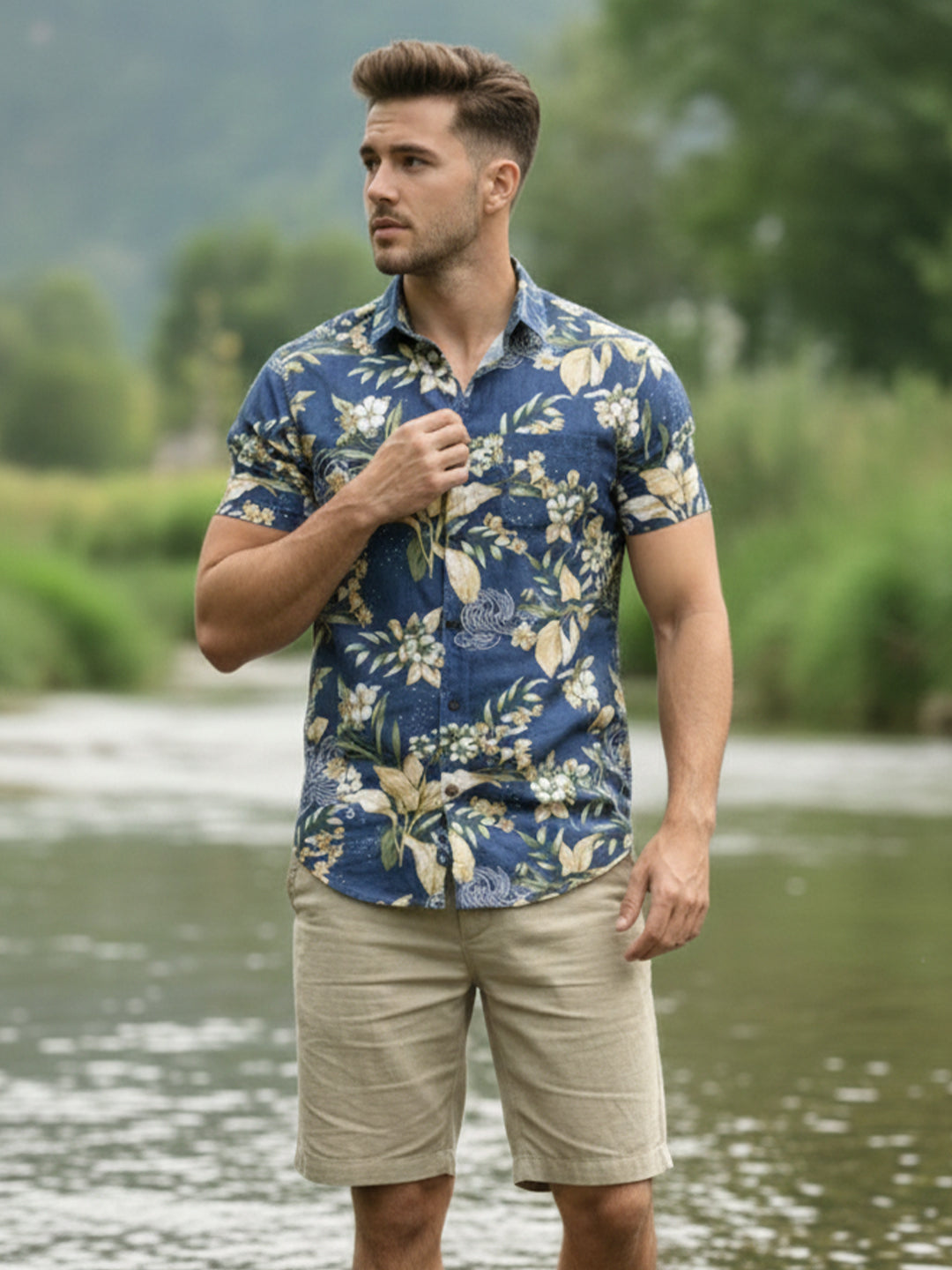 VORA LABEL Men Cotton Printed Regular Fit Casual Shirt - Royal Blue