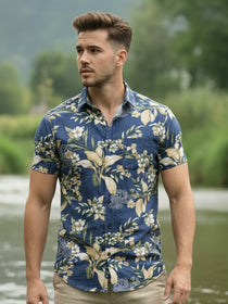 VORA LABEL Men Cotton Printed Regular Fit Casual Shirt - Royal Blue