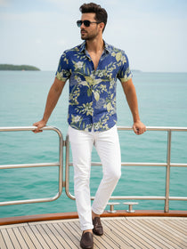 VORA LABEL Men Cotton Printed Regular Fit Casual Shirt - Royal Blue
