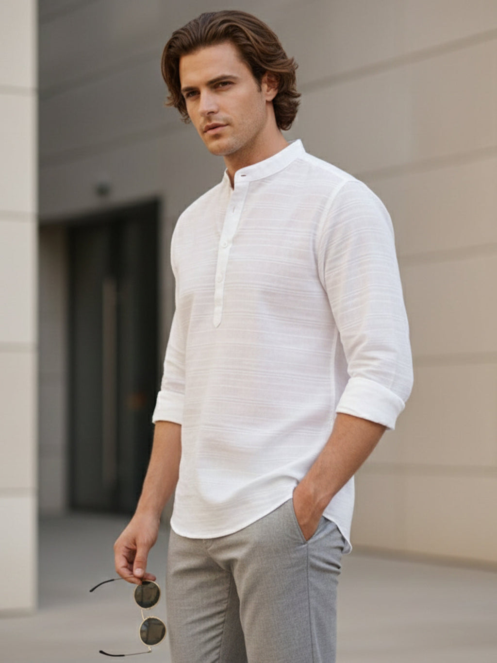 VORA LABEL Men Cotton Striped Full Sleeve Short Kurta - White