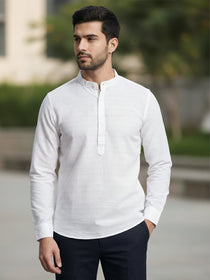 VORA LABEL Men Cotton Striped Mandarin Collar Curved Hem Short Kurta - White