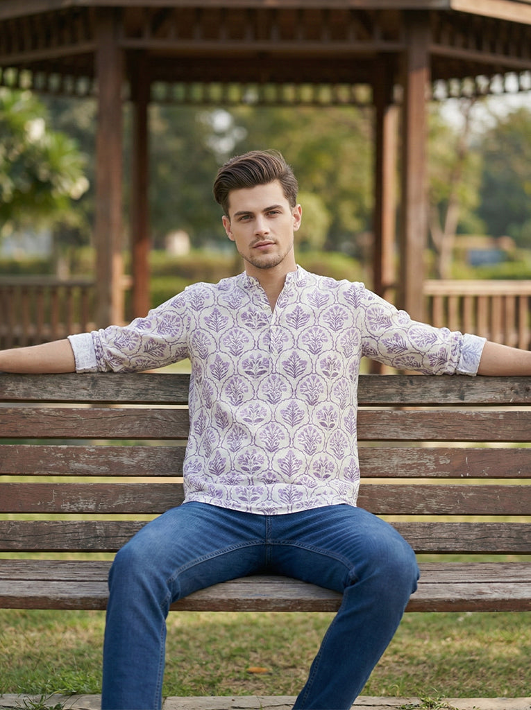 VORA LABEL Men Cotton Printed Regular Fit Short Kurta - White