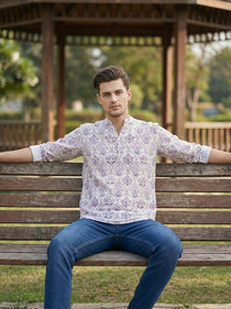 VORA LABEL Men Cotton Printed Regular Fit Short Kurta - White