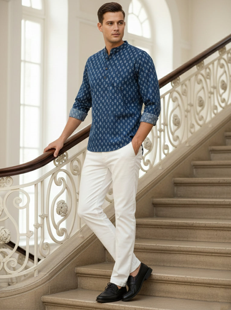 VORA LABEL Men Cotton Printed Regular Fit Short Kurta - Navy Blue Main image