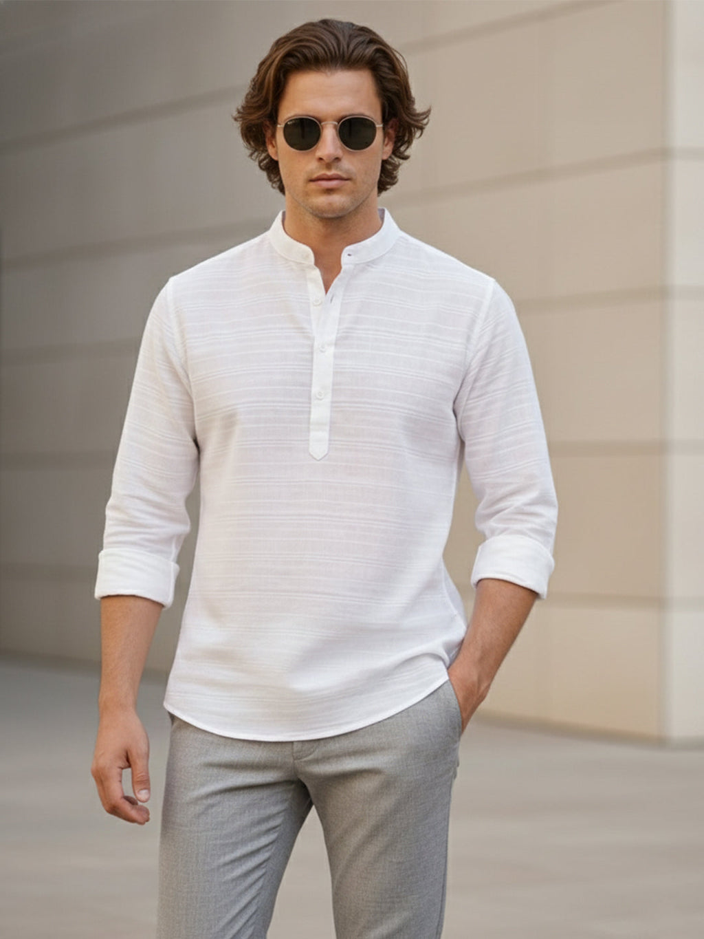 VORA LABEL Men Cotton Striped Full Sleeve Short Kurta - White