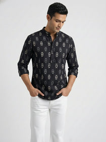 VORA LABEL Men Cotton Printed Regular Fit Short Kurta - Black