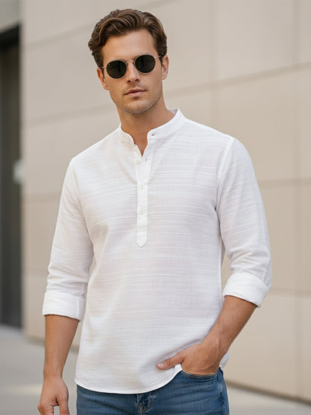 VORA LABEL Men Cotton Striped Mandarin Collar Short Kurta - White