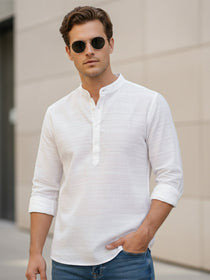VORA LABEL Men Cotton Striped Mandarin Collar Short Kurta - White