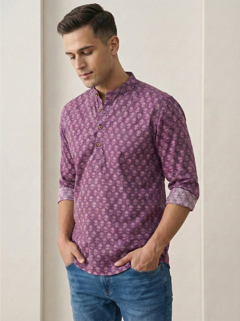 VORA LABEL Men Cotton Printed Regular Fit Short Kurta - Magenta Secondary image
