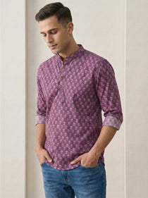 VORA LABEL Men Cotton Printed Regular Fit Short Kurta - Magenta