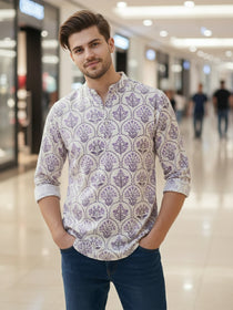 VORA LABEL Men Cotton Printed Regular Fit Short Kurta - White