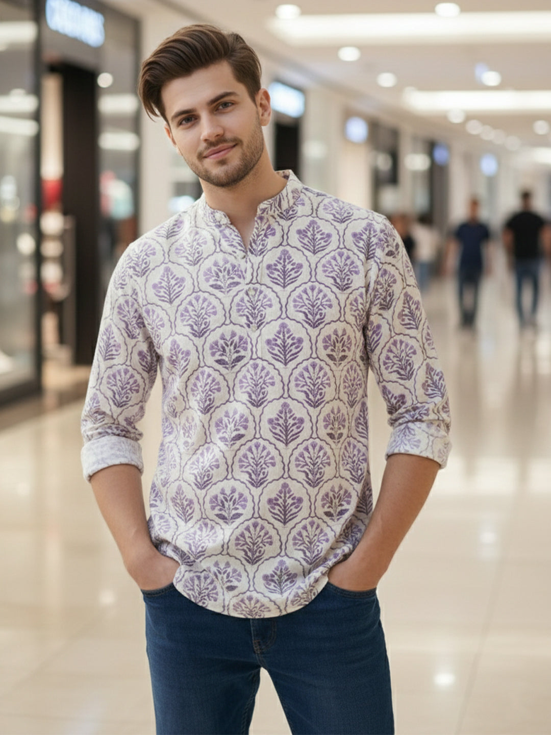 VORA LABEL Men Cotton Printed Regular Fit Short Kurta - White