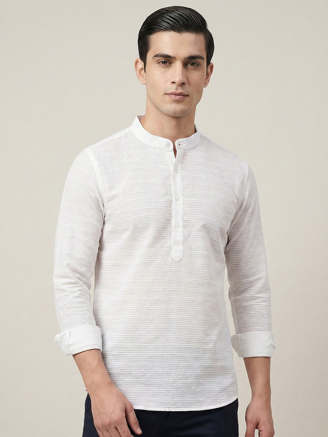 VORA LABEL Men Cotton Striped Relaxed Fit Short Kurta - White