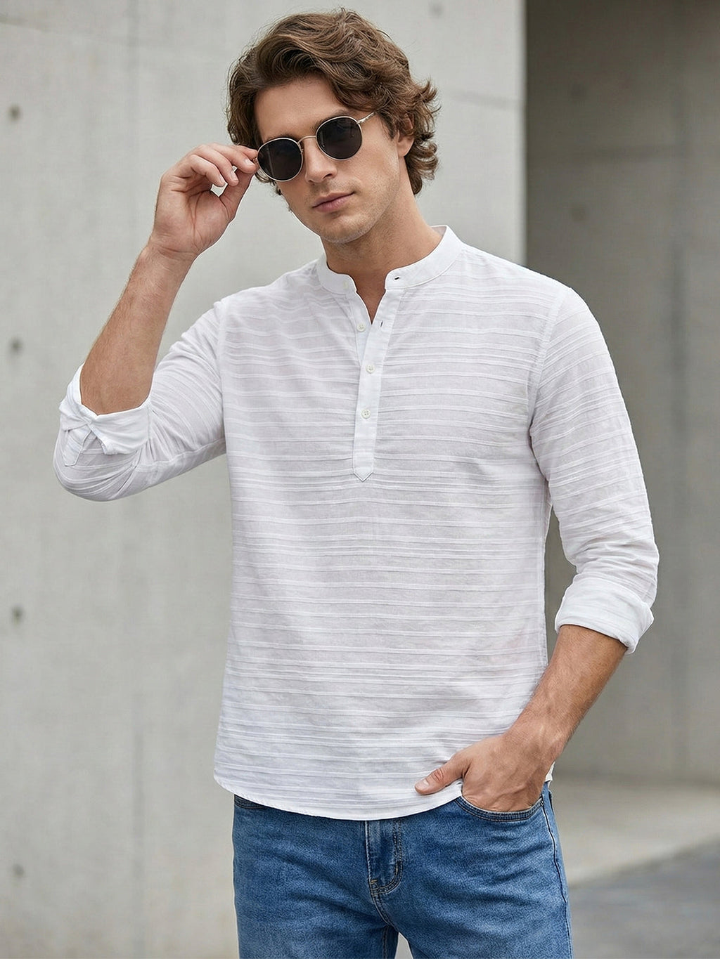 VORA LABEL Men Cotton Striped Relaxed Fit Mandarin Collar Short Kurta - White