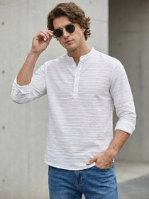 VORA LABEL Men Cotton Striped Relaxed Fit Mandarin Collar Short Kurta - White