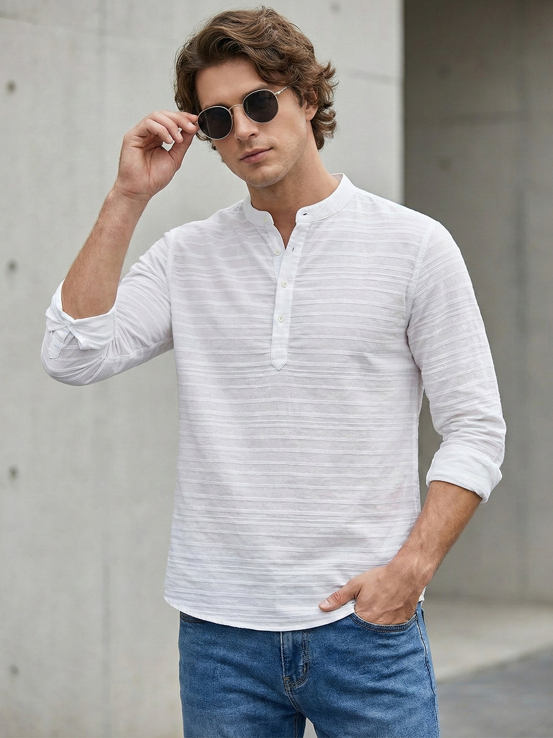VORA LABEL Men Cotton Striped Relaxed Fit Mandarin Collar Short Kurta - White