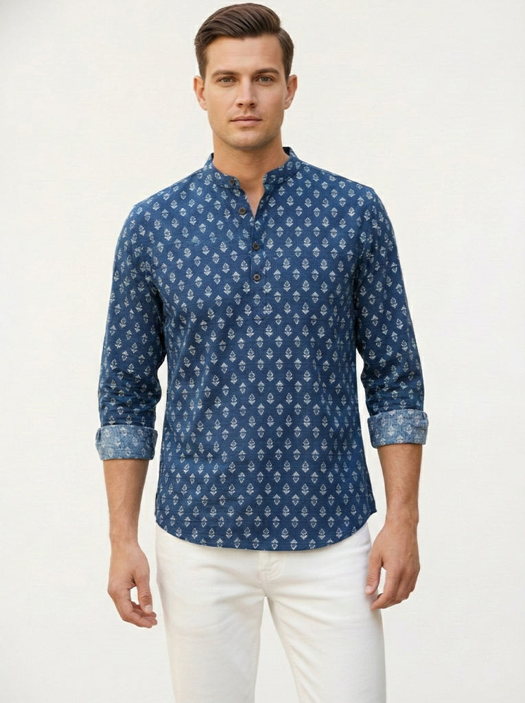 VORA LABEL Men Cotton Printed Regular Fit Short Kurta - Navy Blue