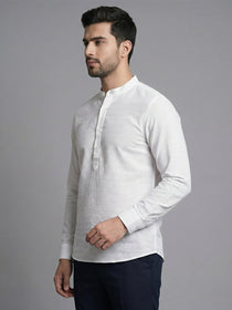 VORA LABEL Men Cotton Striped Mandarin Collar Curved Hem Short Kurta - White