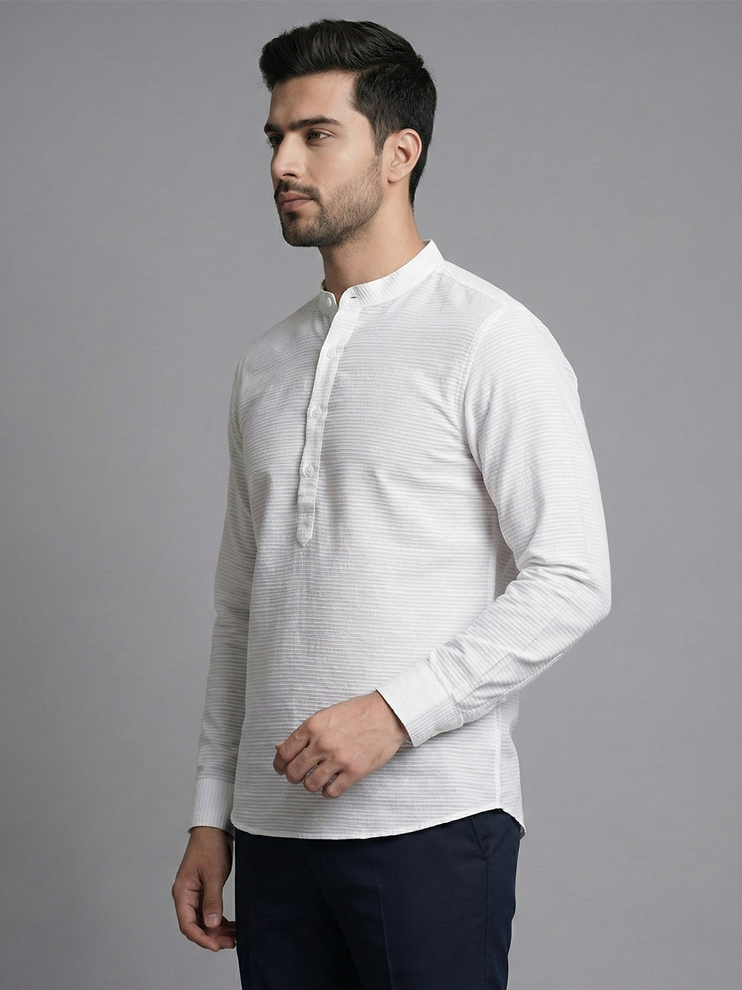 VORA LABEL Men Cotton Striped Mandarin Collar Curved Hem Short Kurta - White