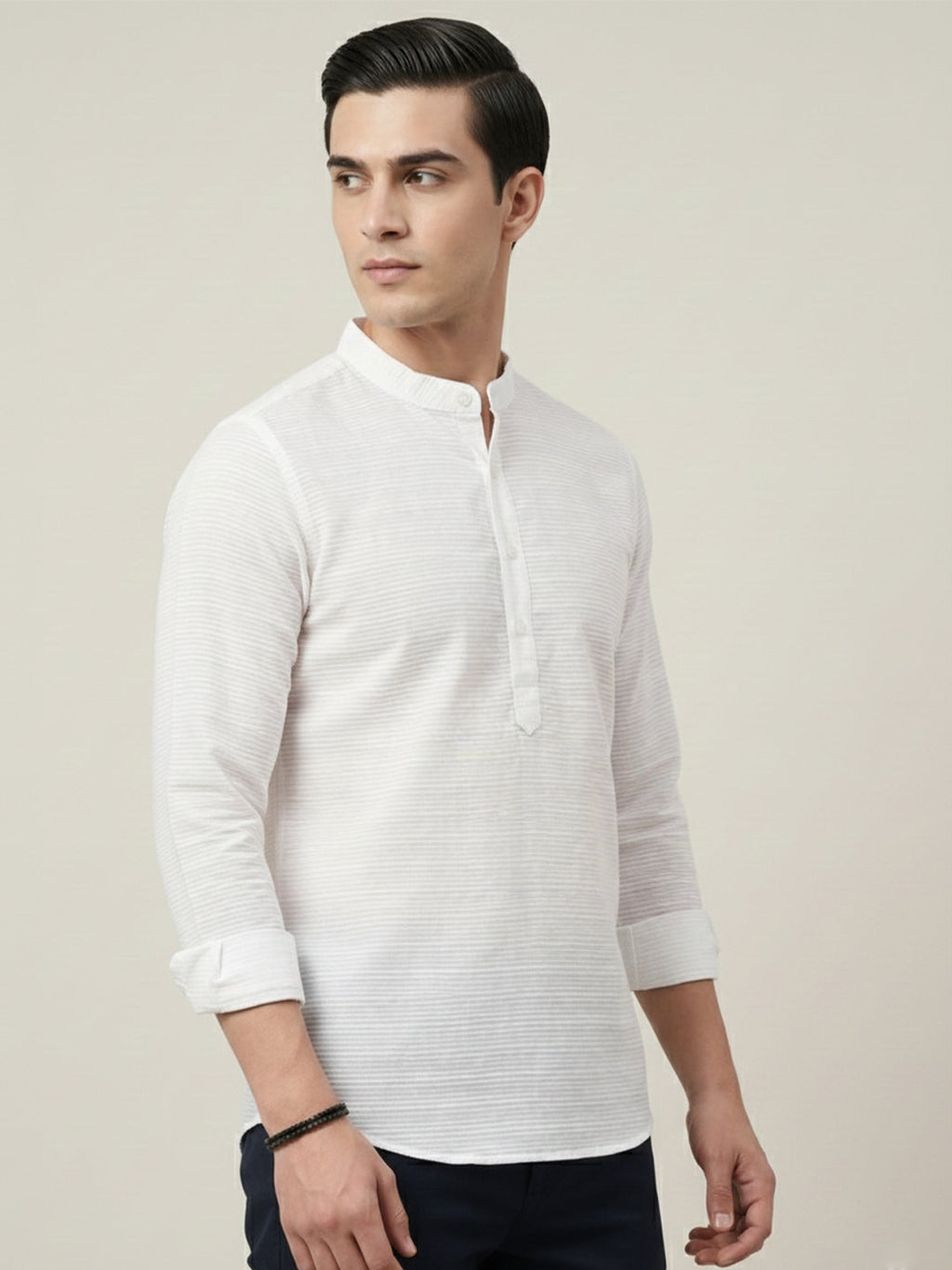 VORA LABEL Men Cotton Striped Relaxed Fit Short Kurta - White