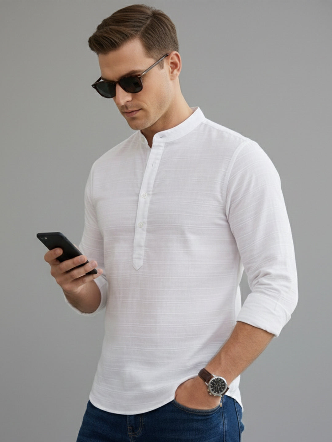 VORA LABEL Men Cotton Striped Curved Hem Short Kurta - White