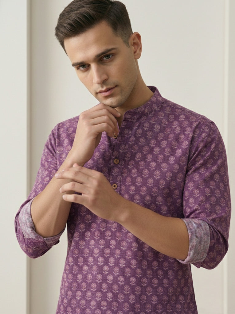 VORA LABEL Men Cotton Printed Regular Fit Short Kurta - Magenta