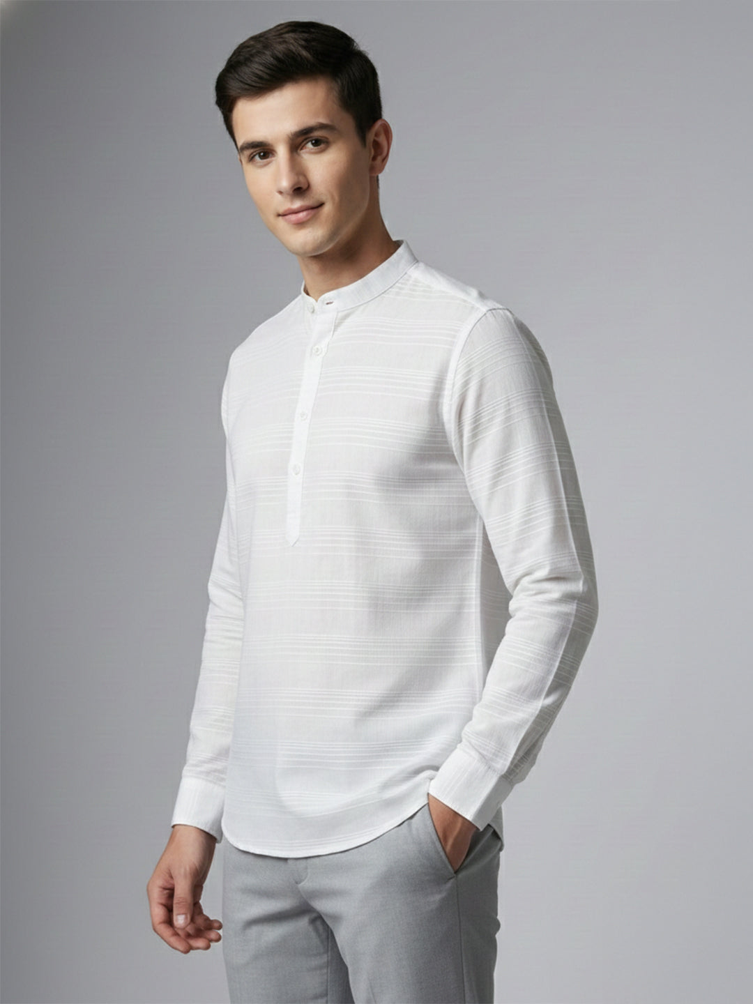 VORA LABEL Men Cotton Single Stripe Short Kurta - White