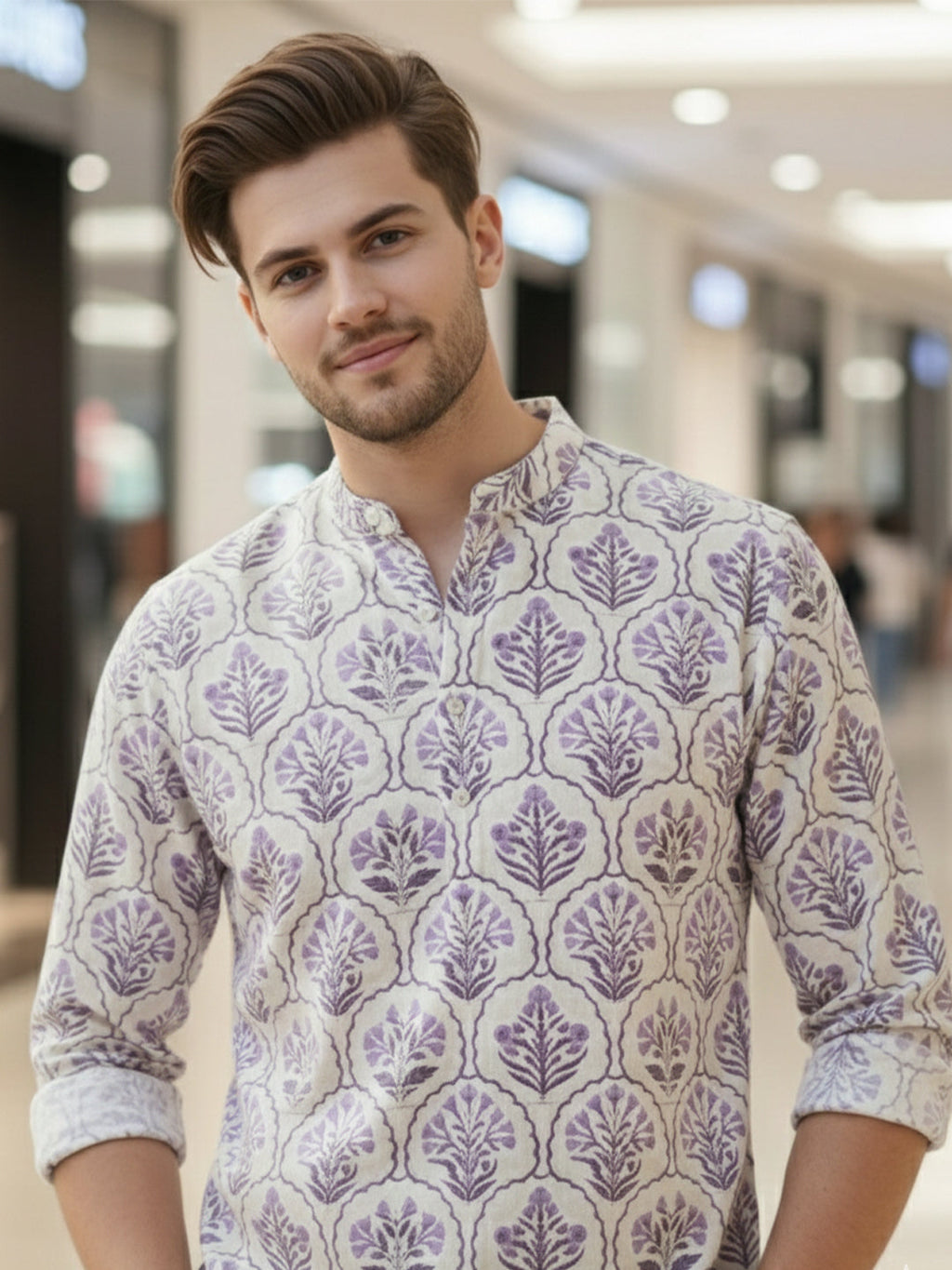 VORA LABEL Men Cotton Printed Regular Fit Short Kurta - White