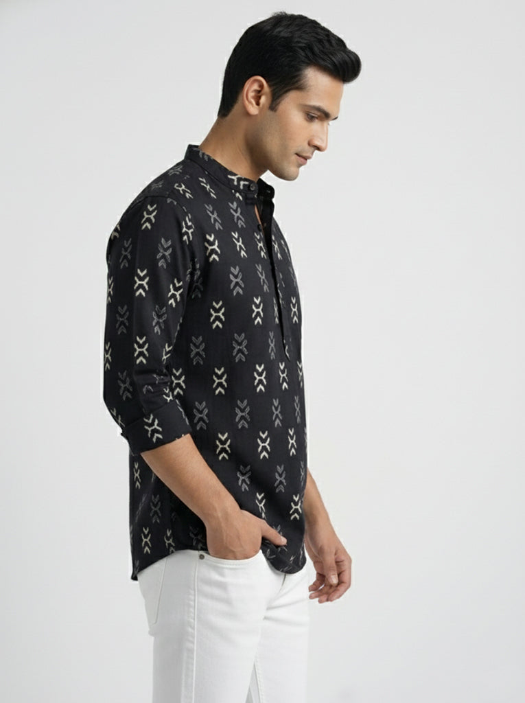 VORA LABEL Men Cotton Printed Regular Fit Short Kurta - Black