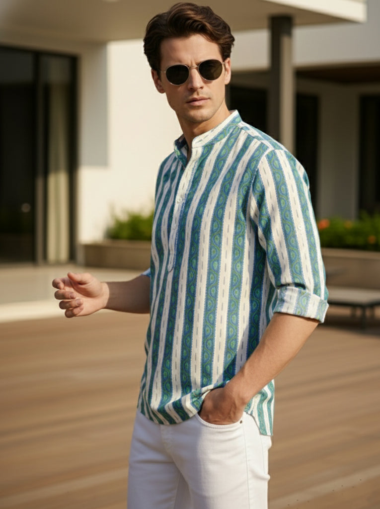 VORA LABEL Men Cotton Printed Regular Fit Short Kurta - Rayal Blue