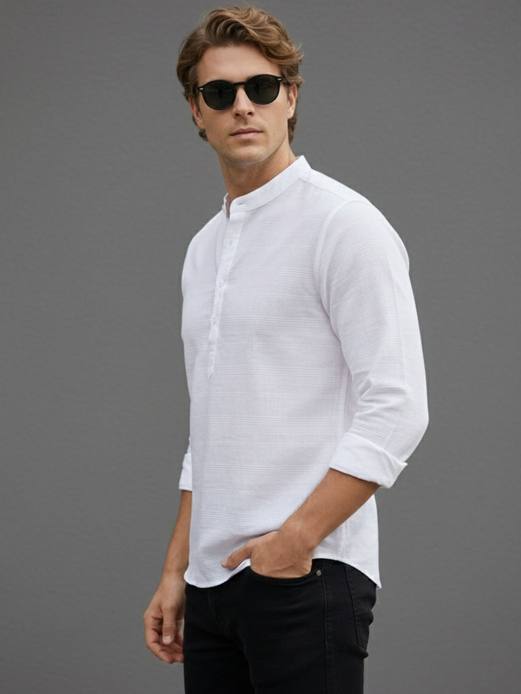 VORA LABEL Men Cotton Striped Button Front Short Kurta - White