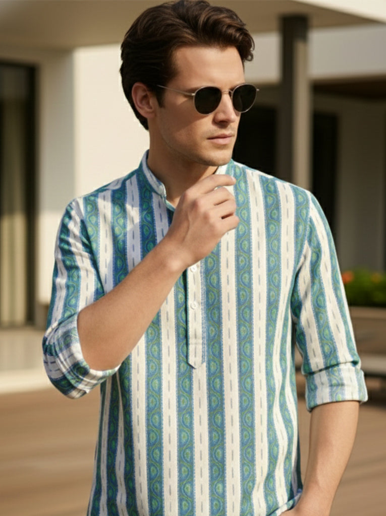 VORA LABEL Men Cotton Printed Regular Fit Short Kurta - Rayal Blue