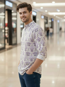VORA LABEL Men Cotton Printed Regular Fit Short Kurta - White