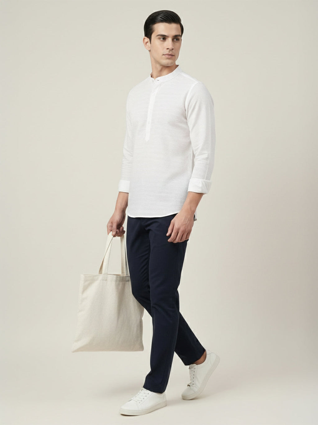 VORA LABEL Men Cotton Striped Relaxed Fit Short Kurta - White