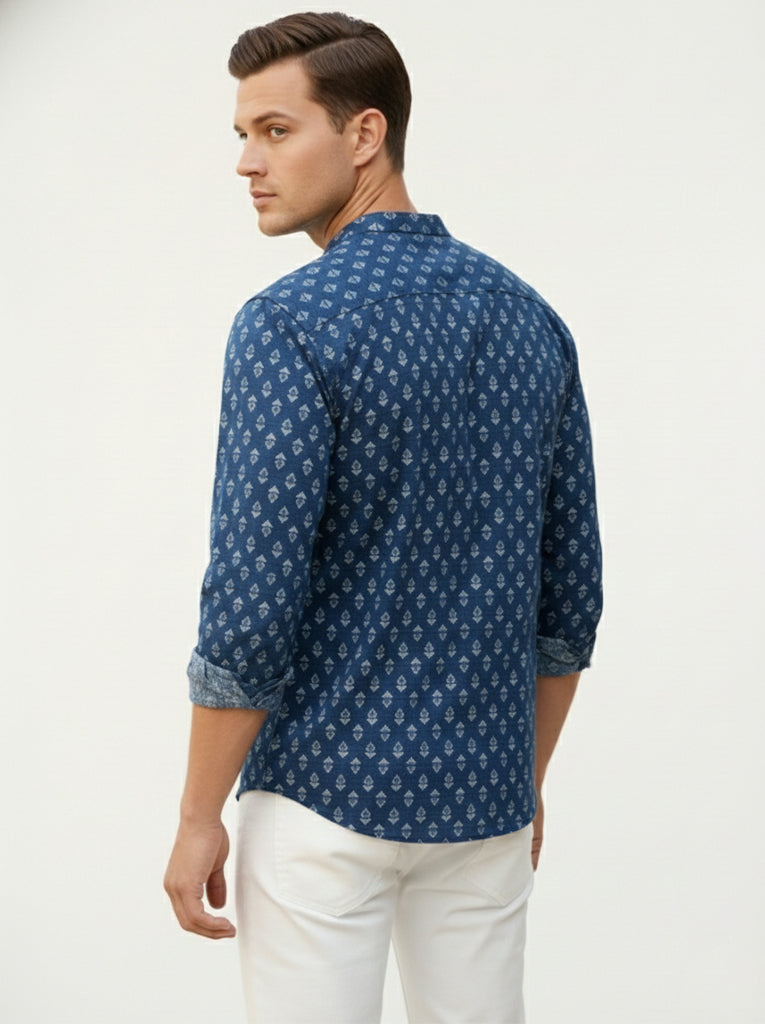 VORA LABEL Men Cotton Printed Regular Fit Short Kurta - Navy Blue