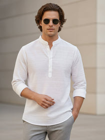 VORA LABEL Men Cotton Striped Full Sleeve Short Kurta - White