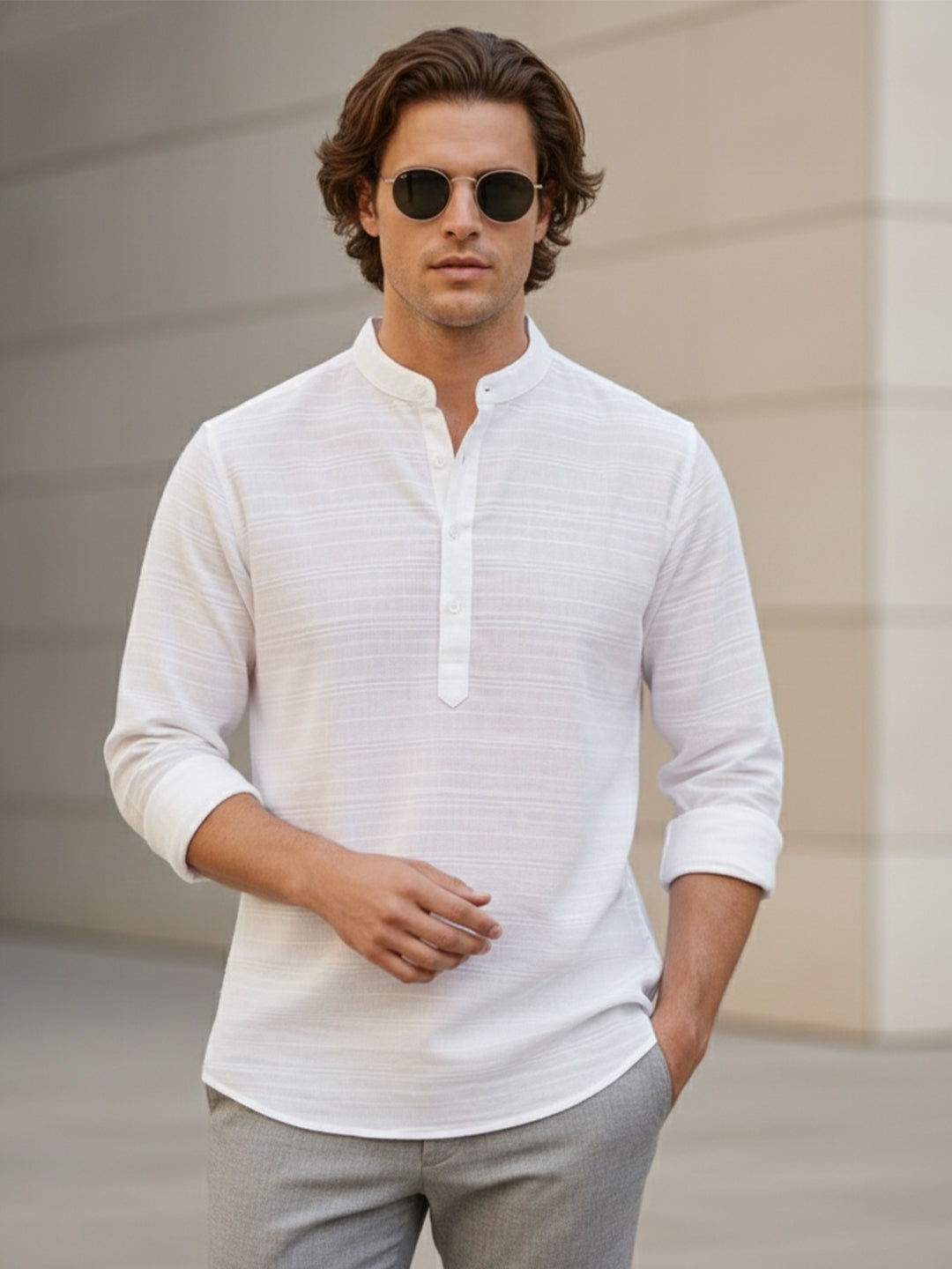 VORA LABEL Men Cotton Striped Full Sleeve Short Kurta - White