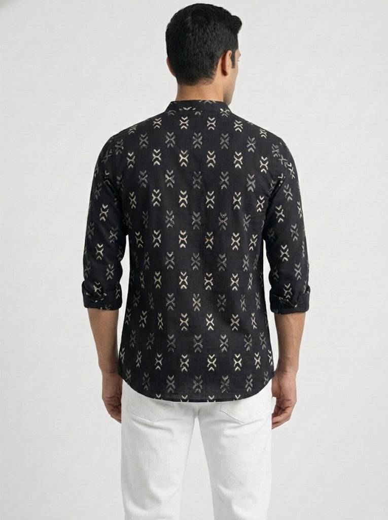 VORA LABEL Men Cotton Printed Regular Fit Short Kurta - Black