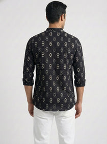 VORA LABEL Men Cotton Printed Regular Fit Short Kurta - Black
